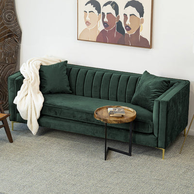 Contemporary Mid-Century Modern Three Seater Sofa in Emerald Green Velvet