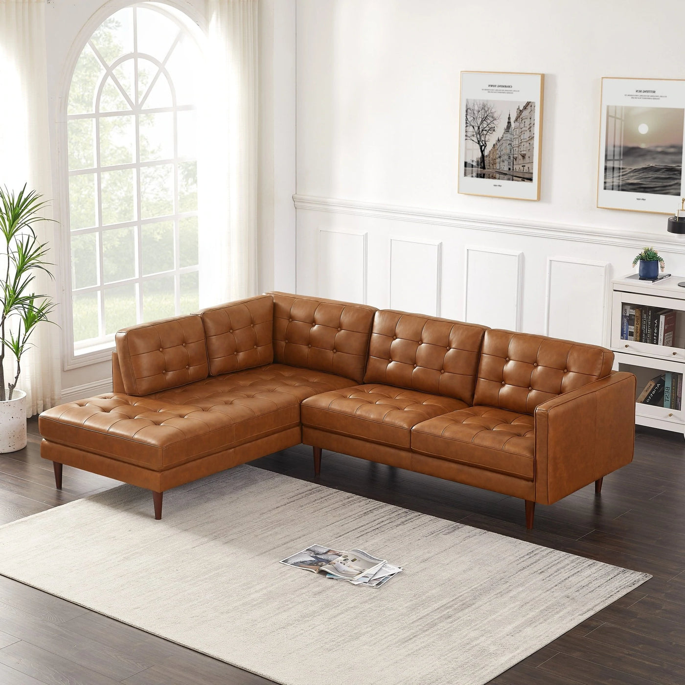 Genuine Italian Leather Modern Brown Tufted Sectional - Left and Right Facing Chaise