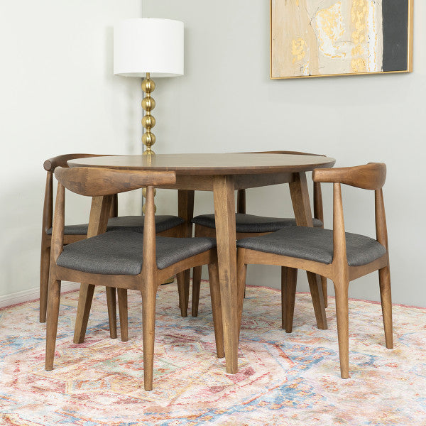 Eris 5-Piece Mid-Century Round Dining Set w/ 4 Fabric Dining Chairs in Gray