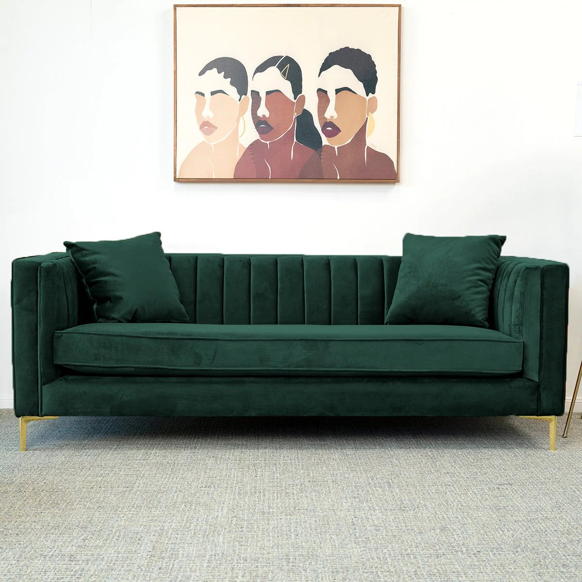 Contemporary Mid-Century Modern Three Seater Sofa in Emerald Green Velvet