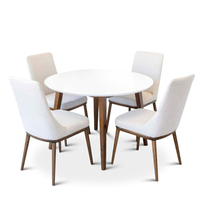 5-Piece Mid-Century Round Dining Set w/ 4 Fabric Dining Chairs in Beige