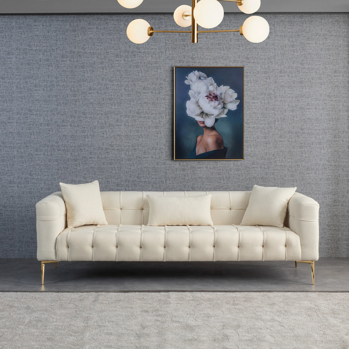 Modern Contemporary Rectangular French Boucle Upholstered Sofa in Beig ...