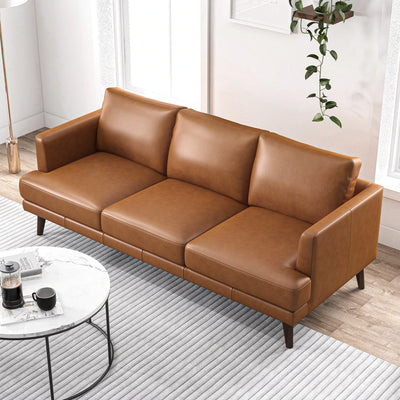 Mid-Century Modern Rectangular Pillow Back Genuine Leather Upholstered Sofa in Tan
