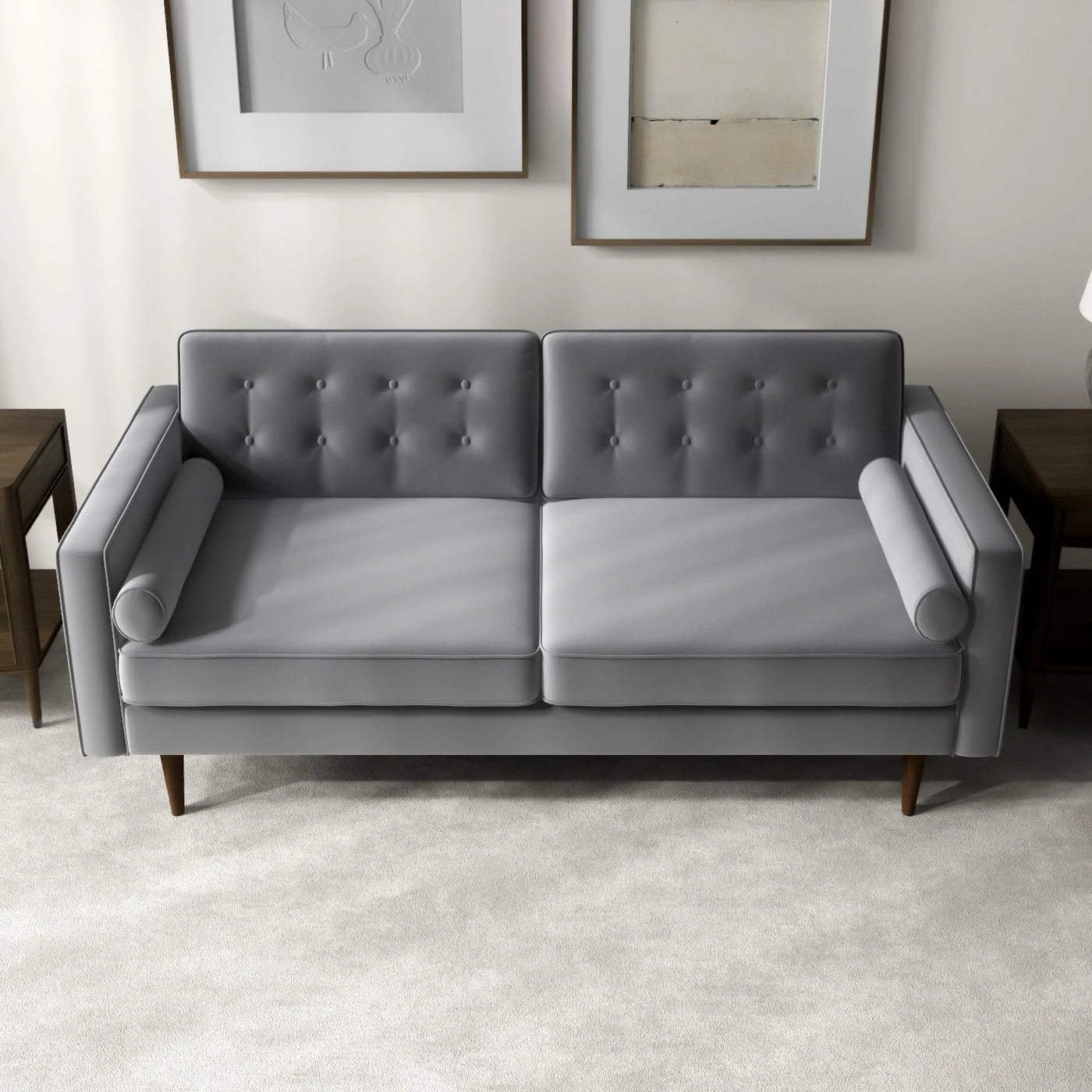 Mid-Century Modern Pillow Back Velvet Upholstered Loveseat in Dove Grey