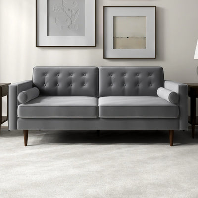 Mid-Century Modern Pillow Back Velvet Upholstered Loveseat in Dove Grey