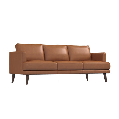 Mid-Century Modern Rectangular Pillow Back Genuine Leather Upholstered Sofa in Tan
