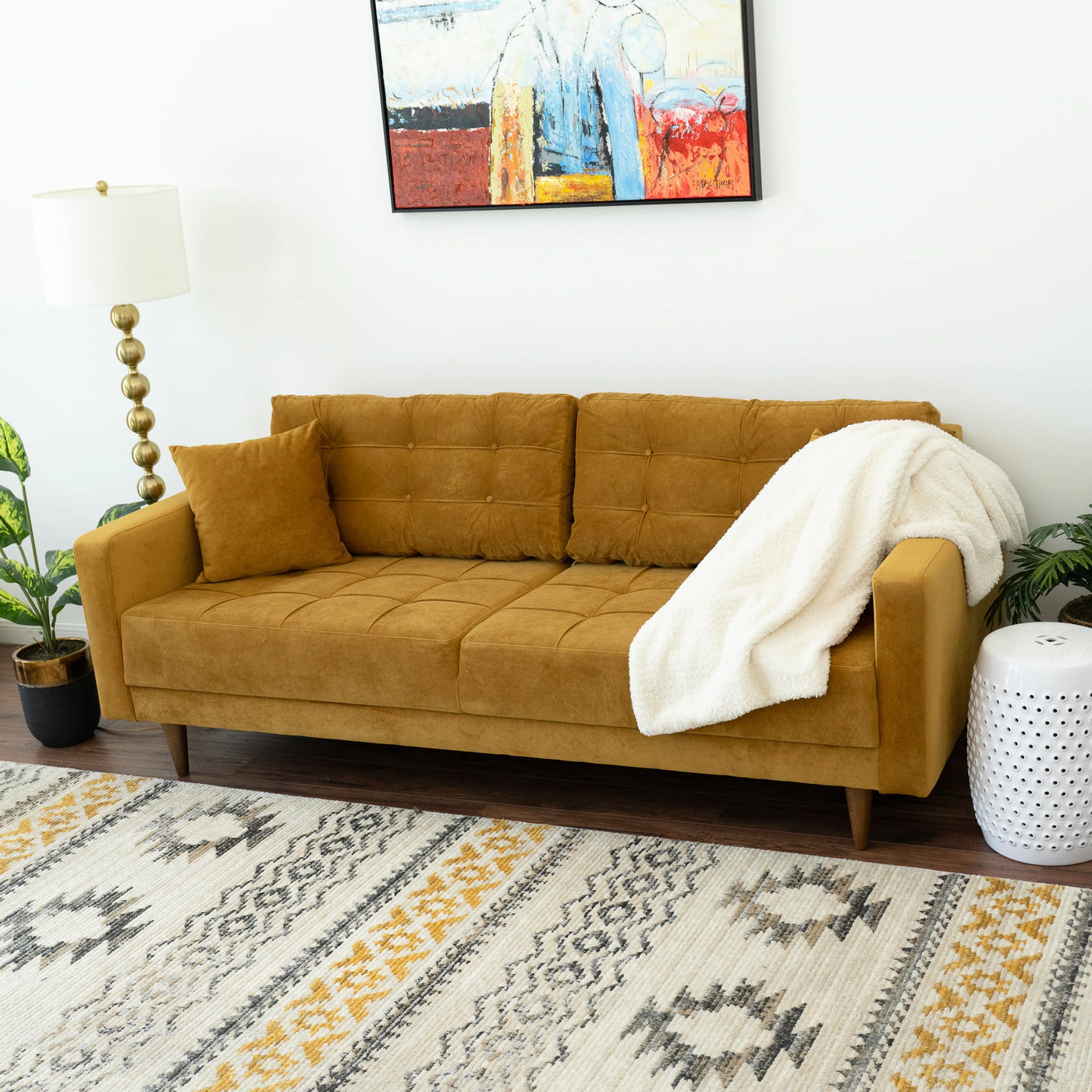 Mid Century Modern Tufted Rectangular Back Microfiber Upholstered