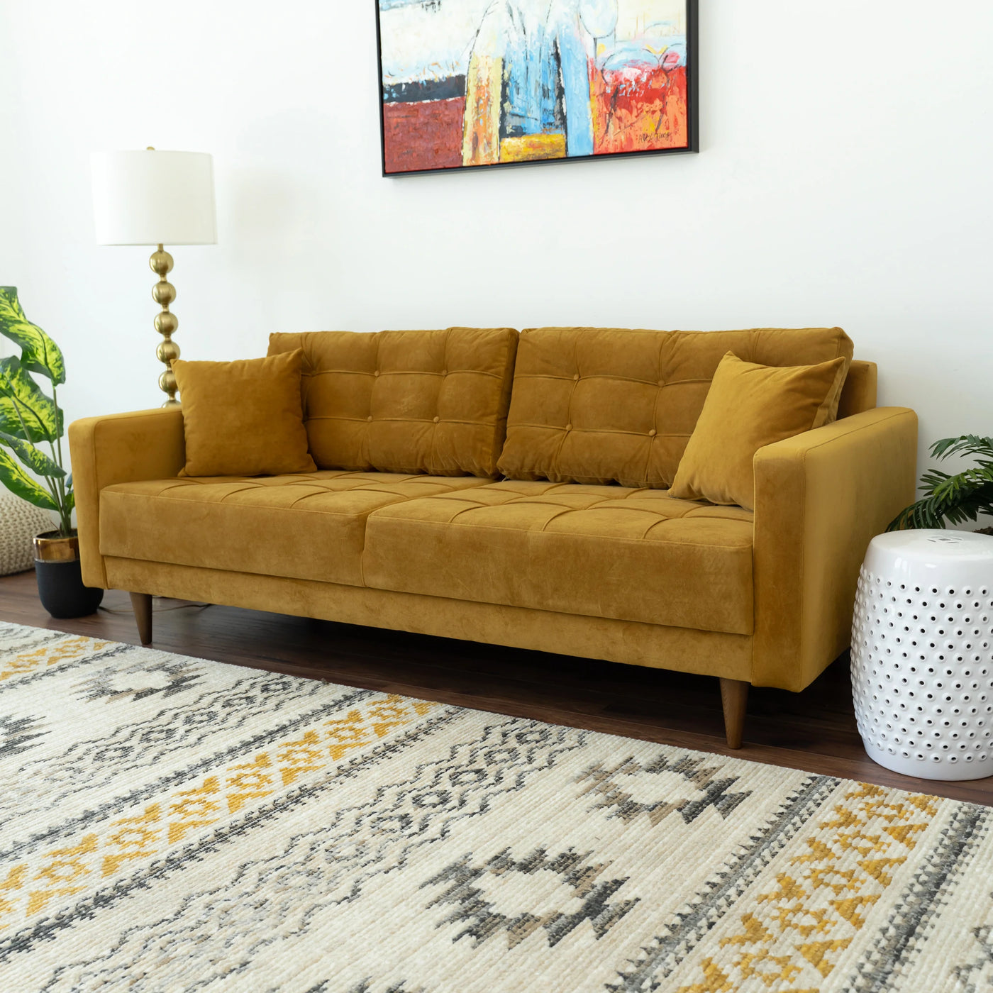 Mid Century Modern Tufted Rectangular Back Microfiber Upholstered