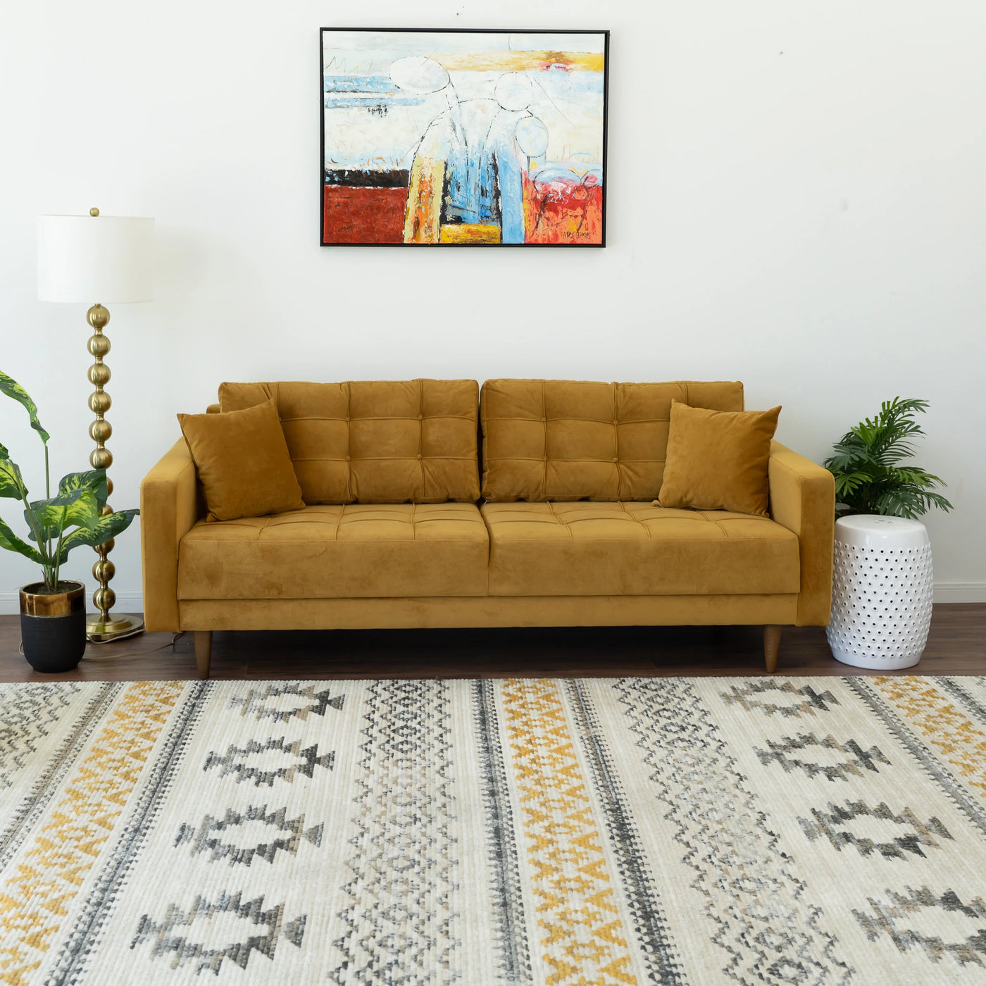 Mid-Century Modern Tufted Rectangular Back Microfiber Upholstered Sofa in Vintage Gold