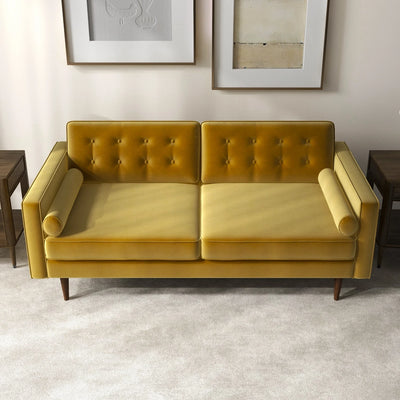 Mid-Century Modern Pillow Back Velvet Upholstered Loveseat in Gold