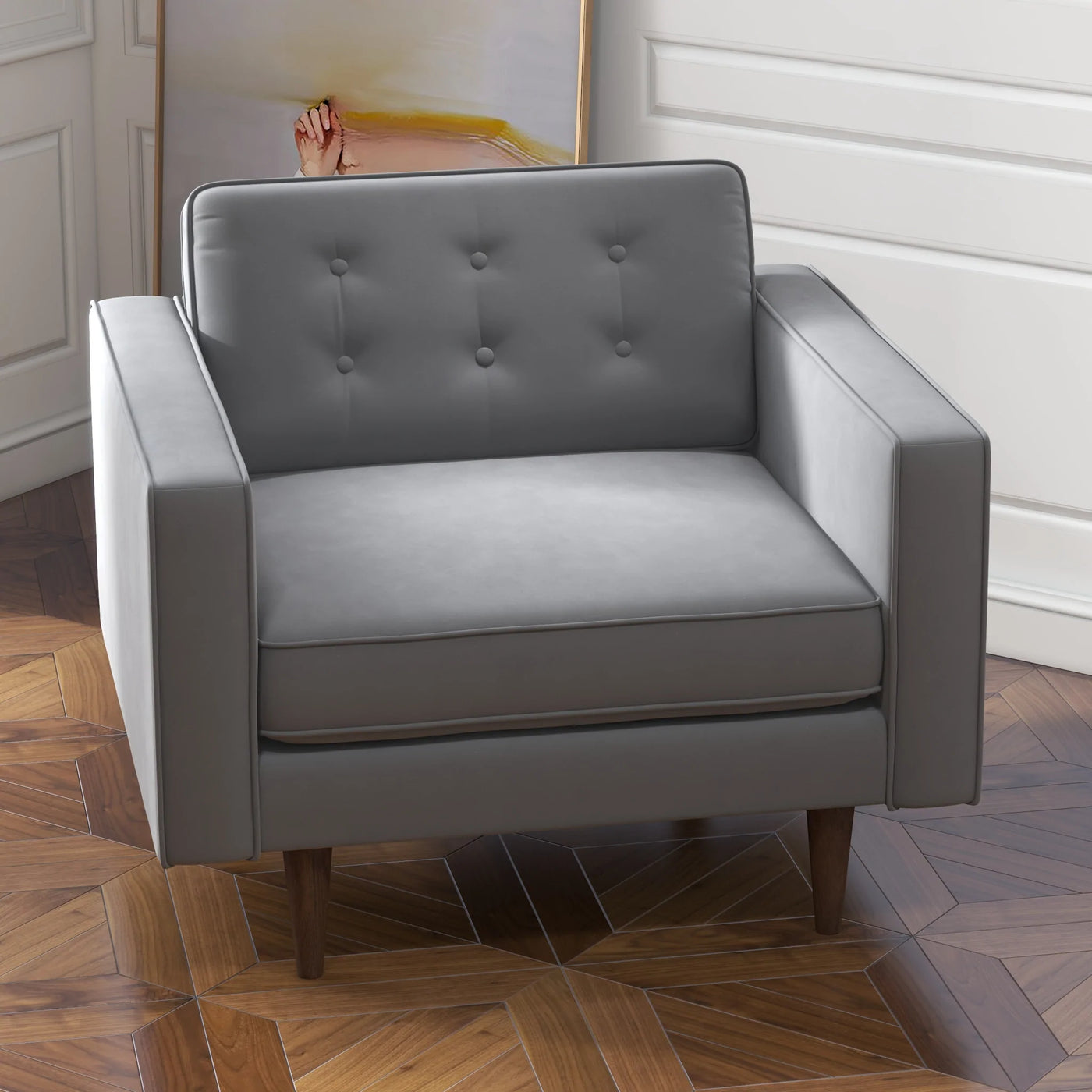 Mid-Century Modern Lounge Chair in Gray Velvet