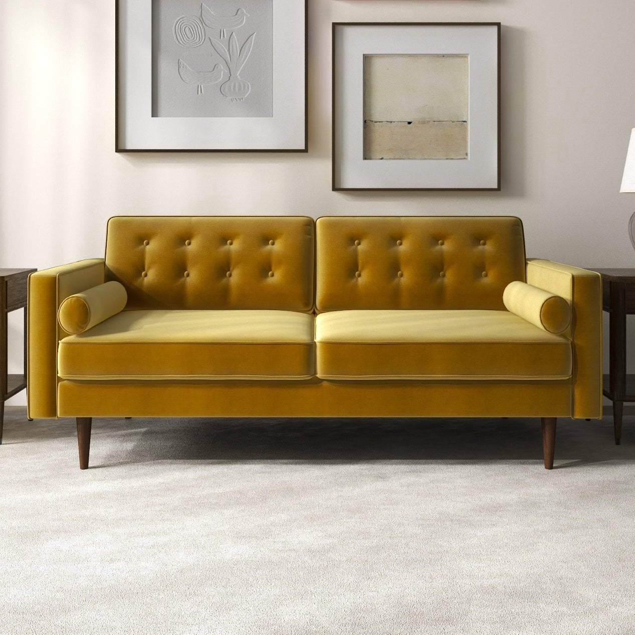 Mid-Century Modern Pillow Back Velvet Upholstered Loveseat in Gold
