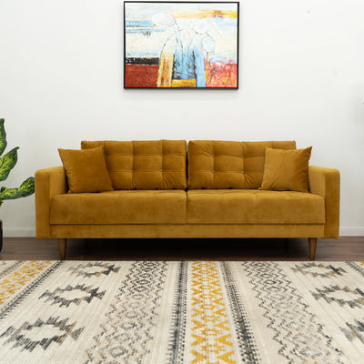 Mid-Century Modern Tufted Rectangular Back Microfiber Upholstered Sofa in Vintage Gold
