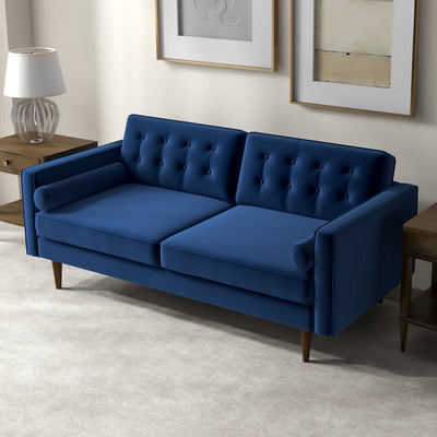 Mid-Century Modern Pillow Back Velvet Upholstered Loveseat in Deep Cobalt Blue