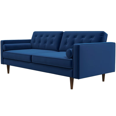 Mid-Century Modern Pillow Back Velvet Upholstered Loveseat in Deep Cobalt Blue