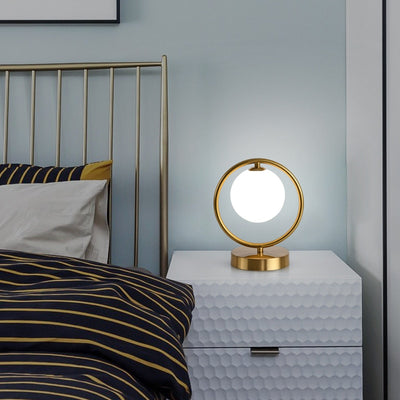 Modern Minimalist Table Lamp Brass Base and Glass Circular Orb Light Art Deco Inspired