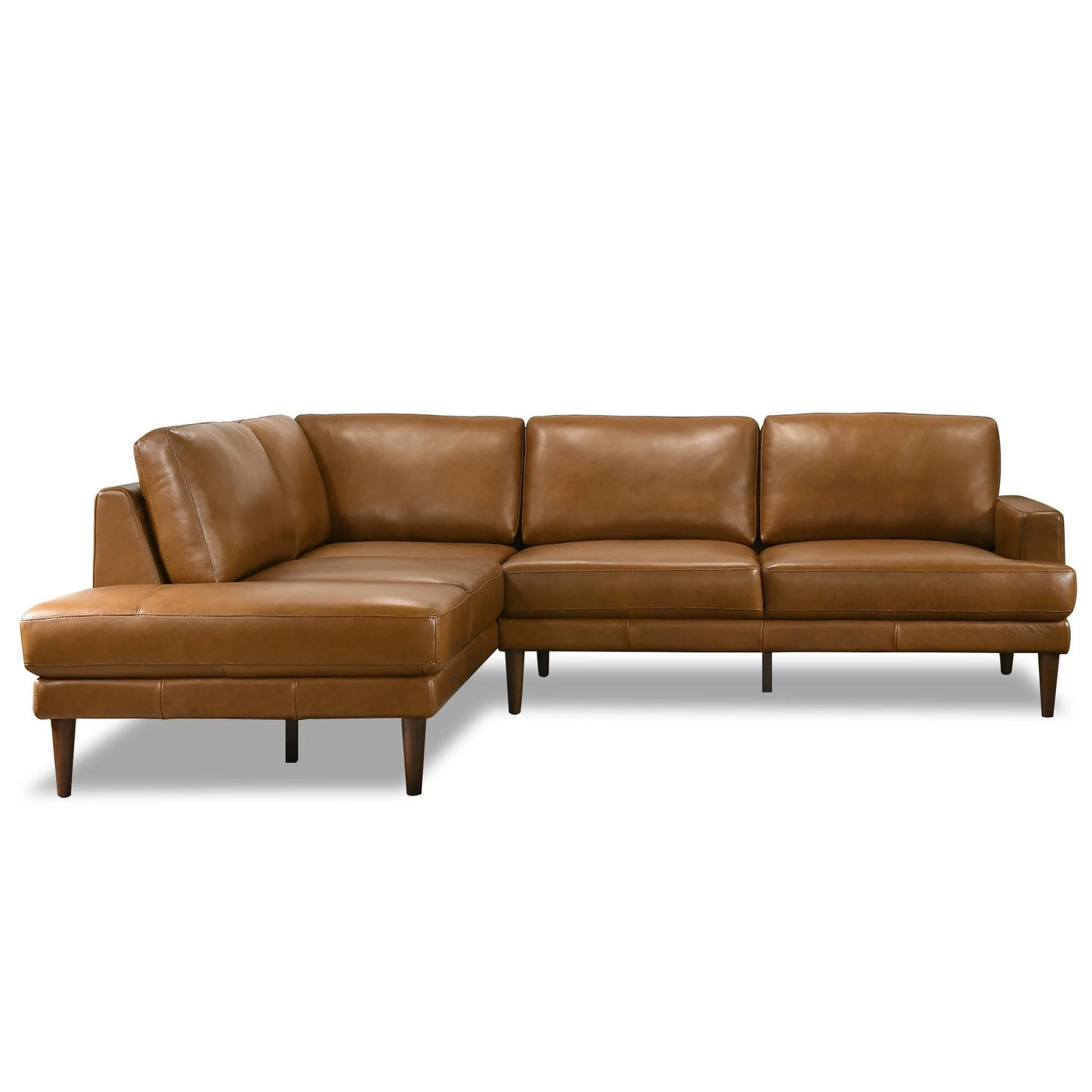 Mid-Century Modern Sectional Sofa in Tan Leather - Right Facing Chaise