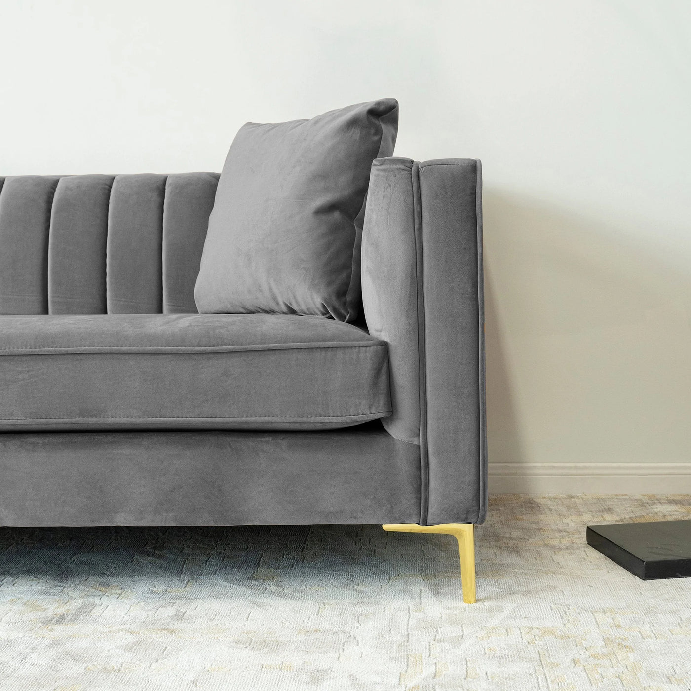 Mid-Century Tufted Rectangular Tight Back Velvet Upholstered Sofa in Gray with Gold Accents