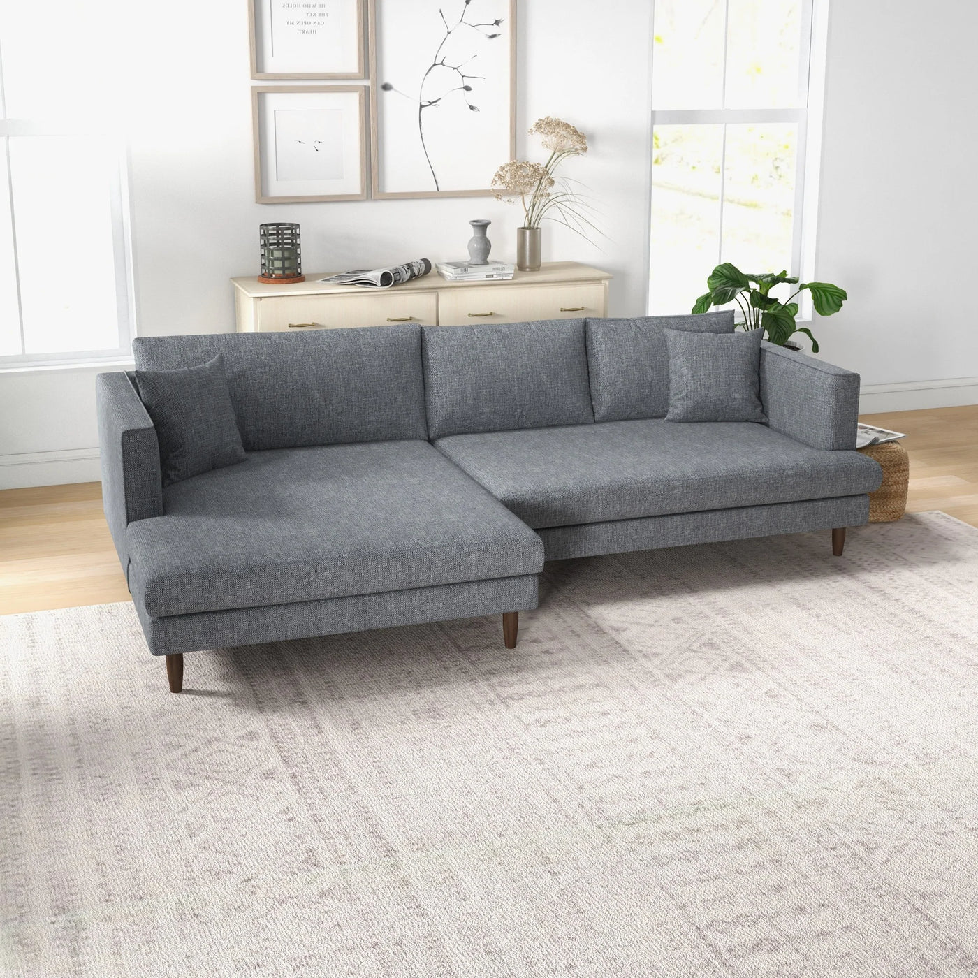 Mid-Century Modern Sectional Sofa in Grey Linen - Left or Right Chaise