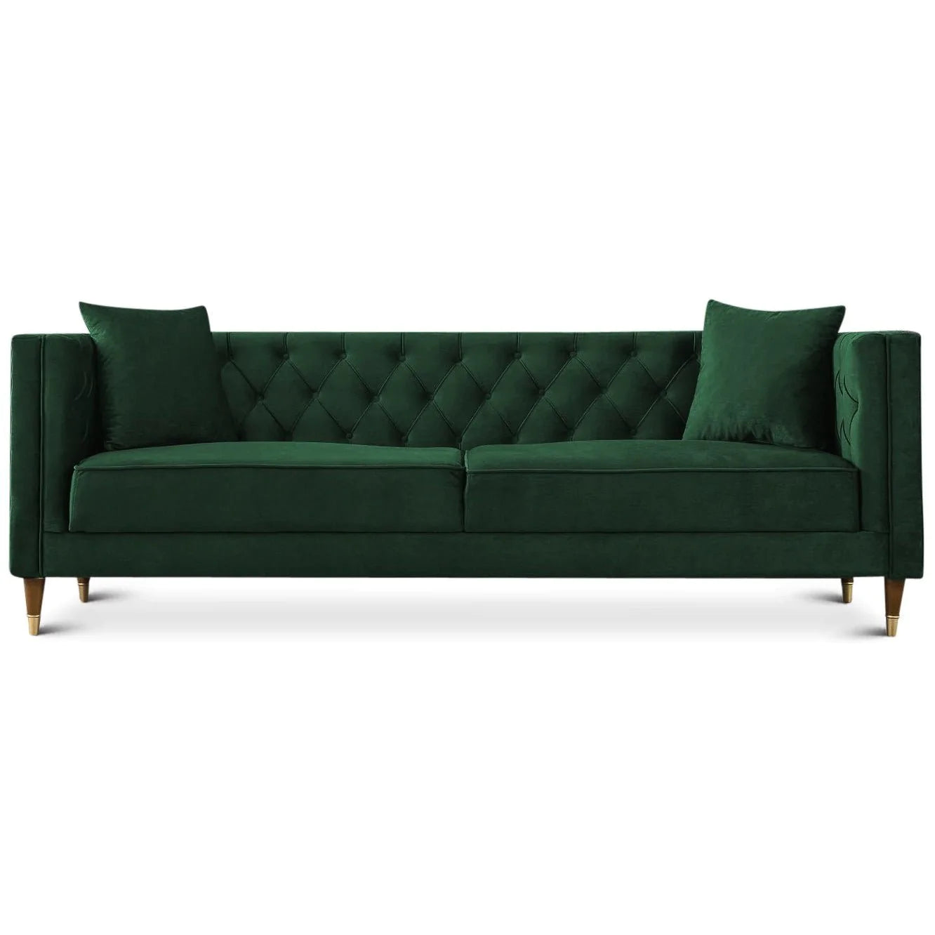 Mid-Century Modern Tufted Rectangular Tight Back Sofa in Emerald Green Velvet