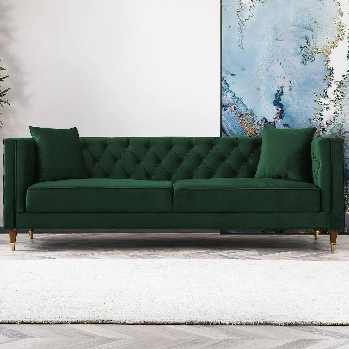 Mid-Century Modern Tufted Rectangular Tight Back Sofa in Emerald Green Velvet