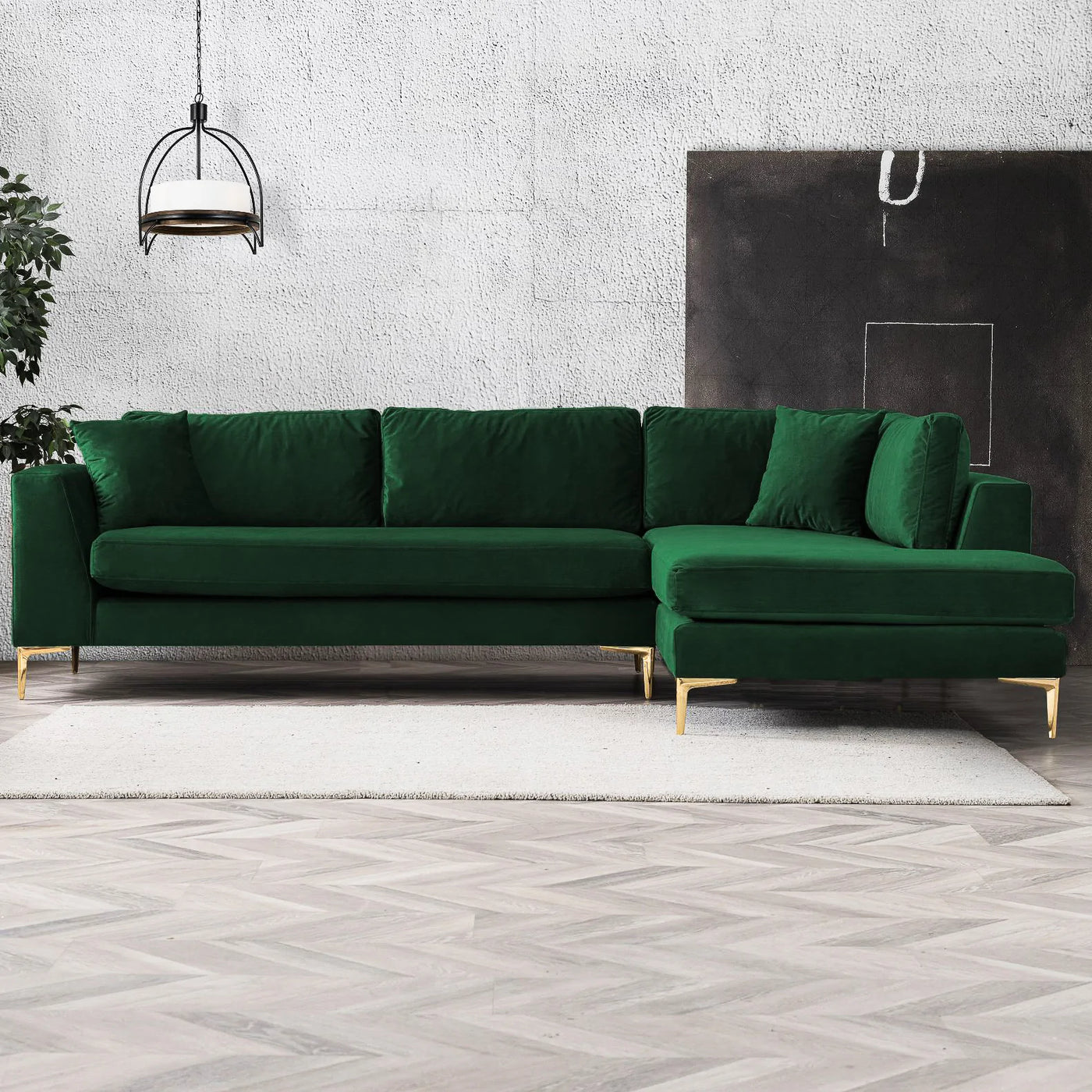 Mid-Century Modern Emerald Green with Gold Accents Sectional Sofa - Left or Right Chaise