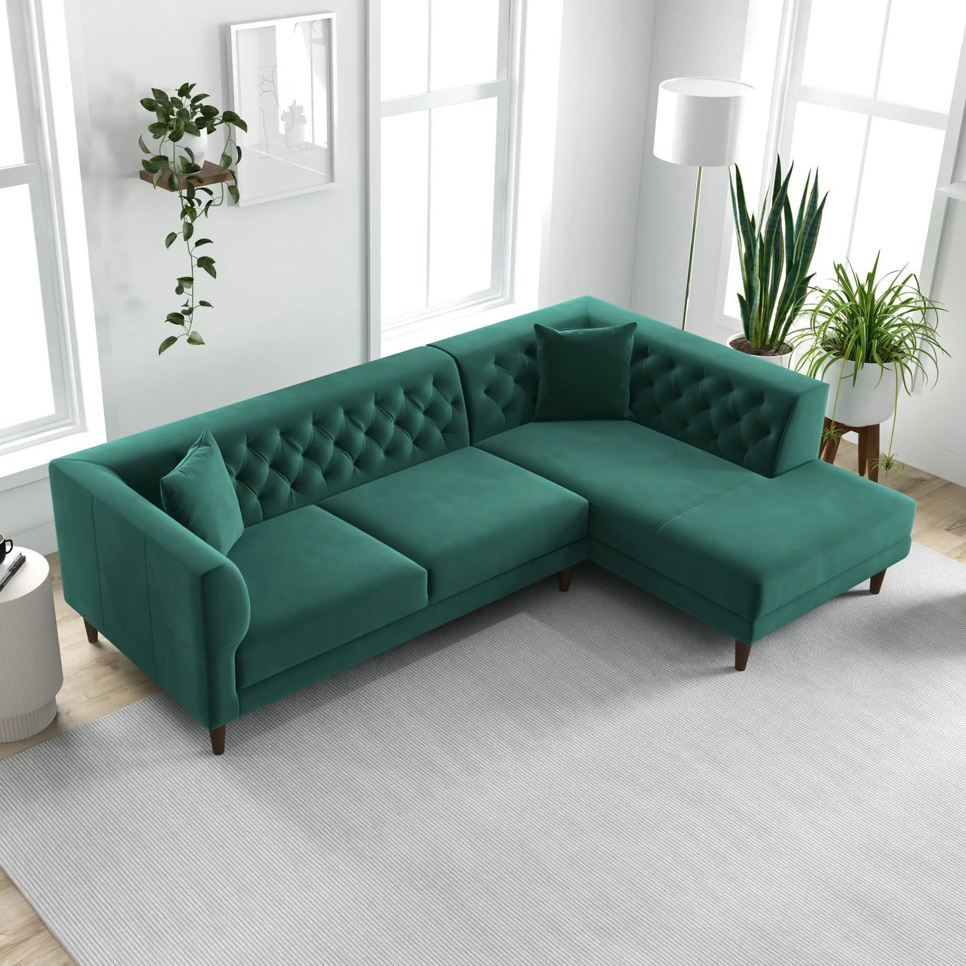 Mid-Century Modern Right Chaise Sectional in Green Stain Resistant
