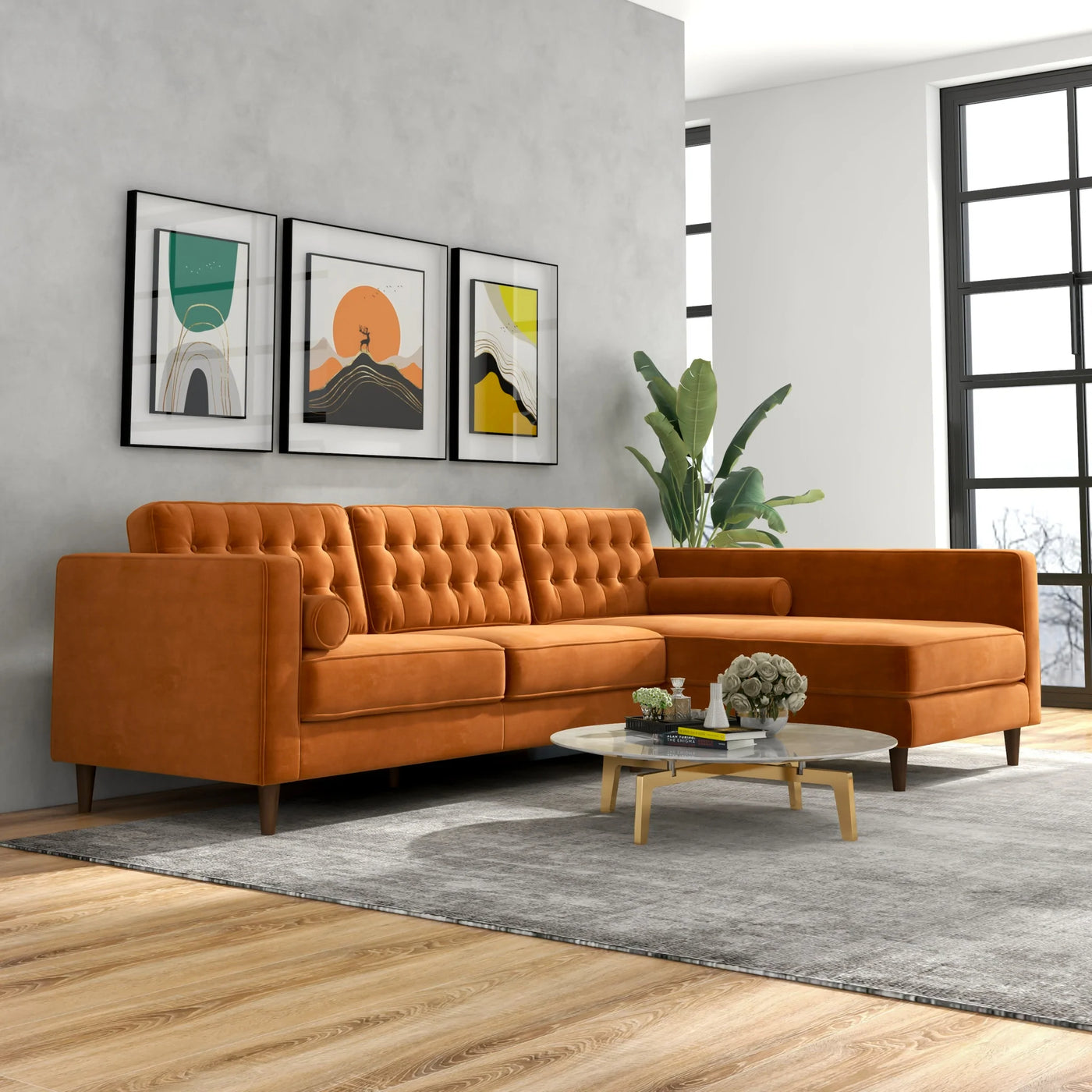 Mid-Century Modern Tufted Pillow Back Velvet Upholstered Sectional in Burnt Orange