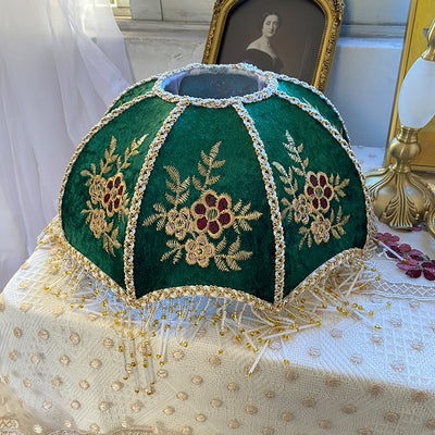 Vintage-Inspired Green Velvet Floral Lampshade with Golden Beaded Hanging Tassels