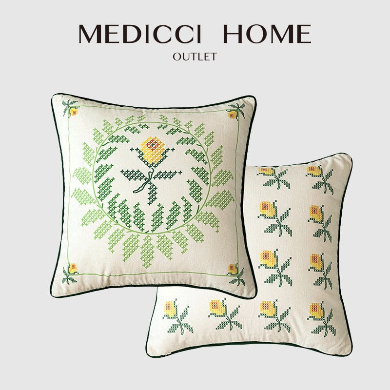 Medicci Home French Retro Pixel Tulip Flowers Print Throw Pillow Covers High Grade Luxury Cushion Case Pastoral Farmhouse Decor