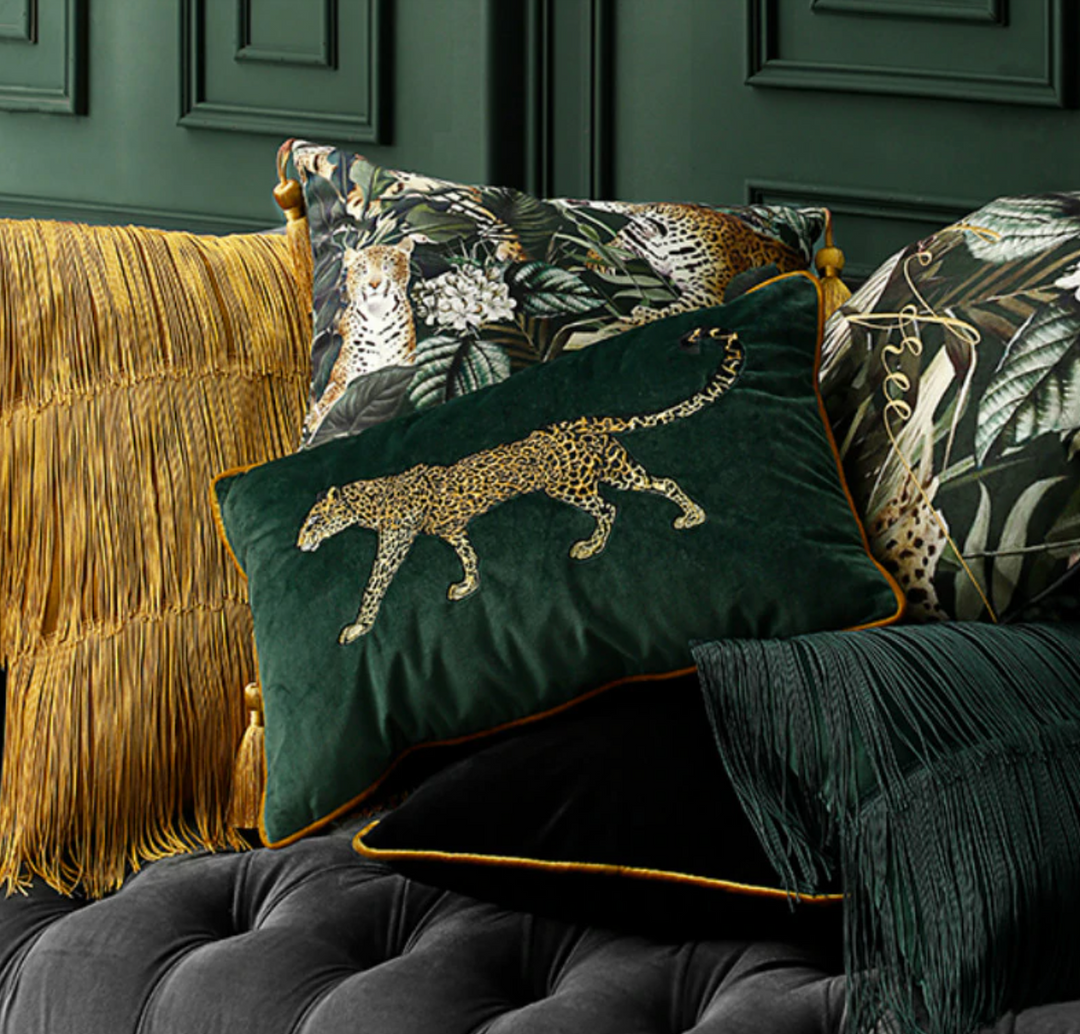 Velvet Embroidered Jaguar Pillow Cover Monstera Drive