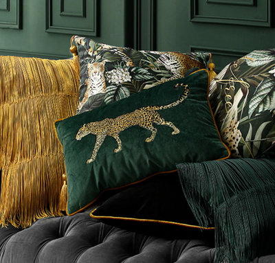 Velvet Embroidered Emerald Green Jaguar Vintage Retro Inspired Pillow Cover