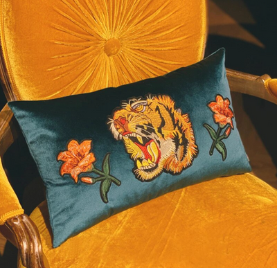 Vintage Retro Inspired Blue Velvet Embroidered Tiger Roar Pillow Cover