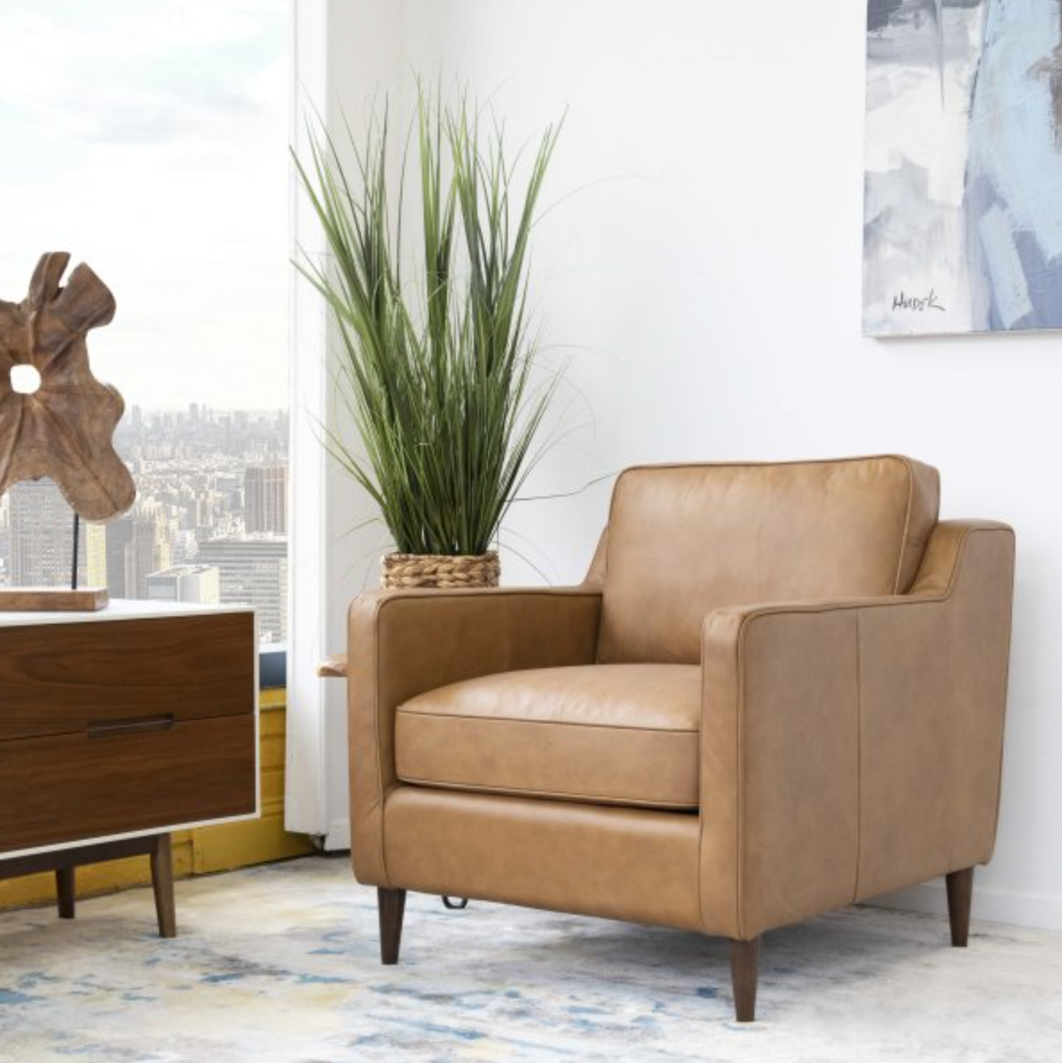 Madison Mid-Century Cushion Back Genuine Leather Upholstered Armchair in Tan
