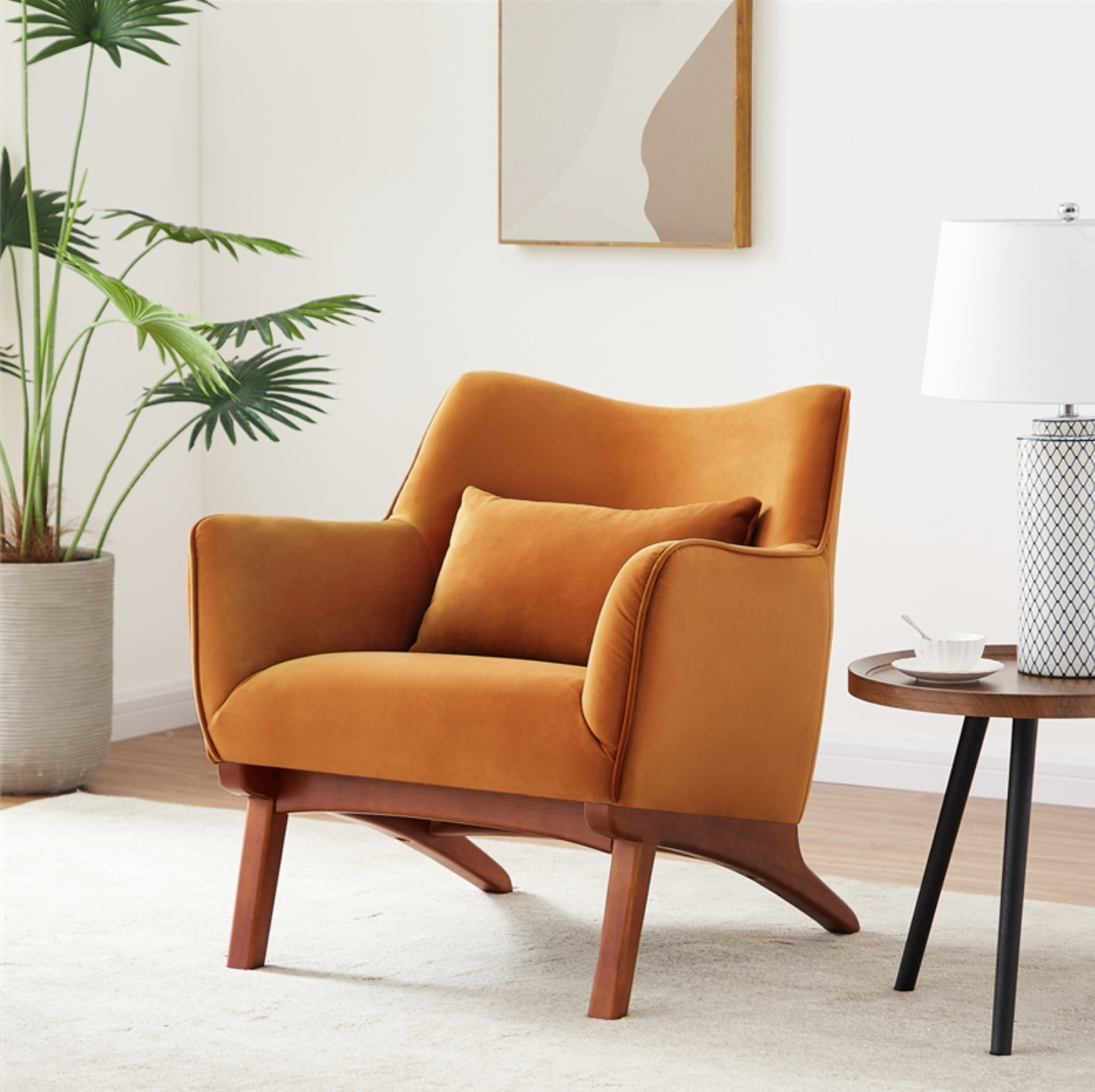 Gatsby Mid-Century Modern Tight Back Velvet Upholstered Armchair in Orange
