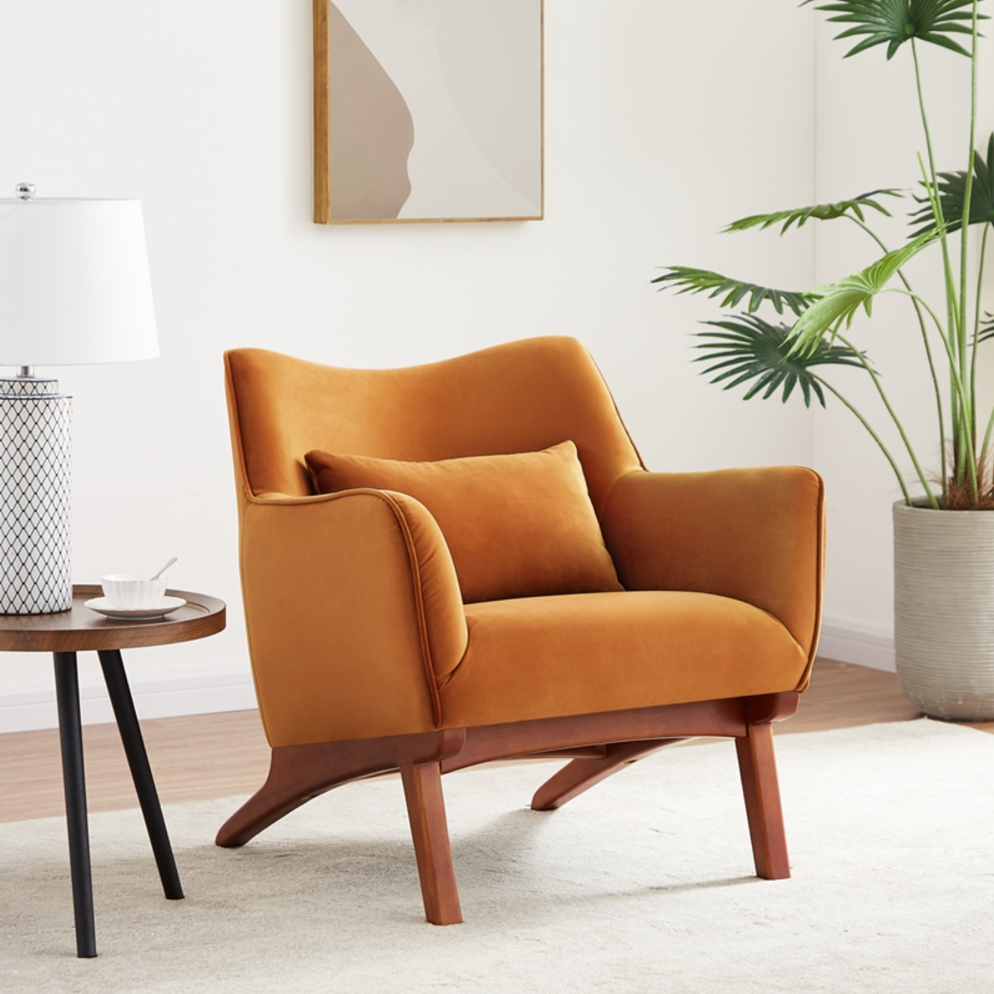 Gatsby Mid-Century Modern Tight Back Velvet Upholstered Armchair in Orange