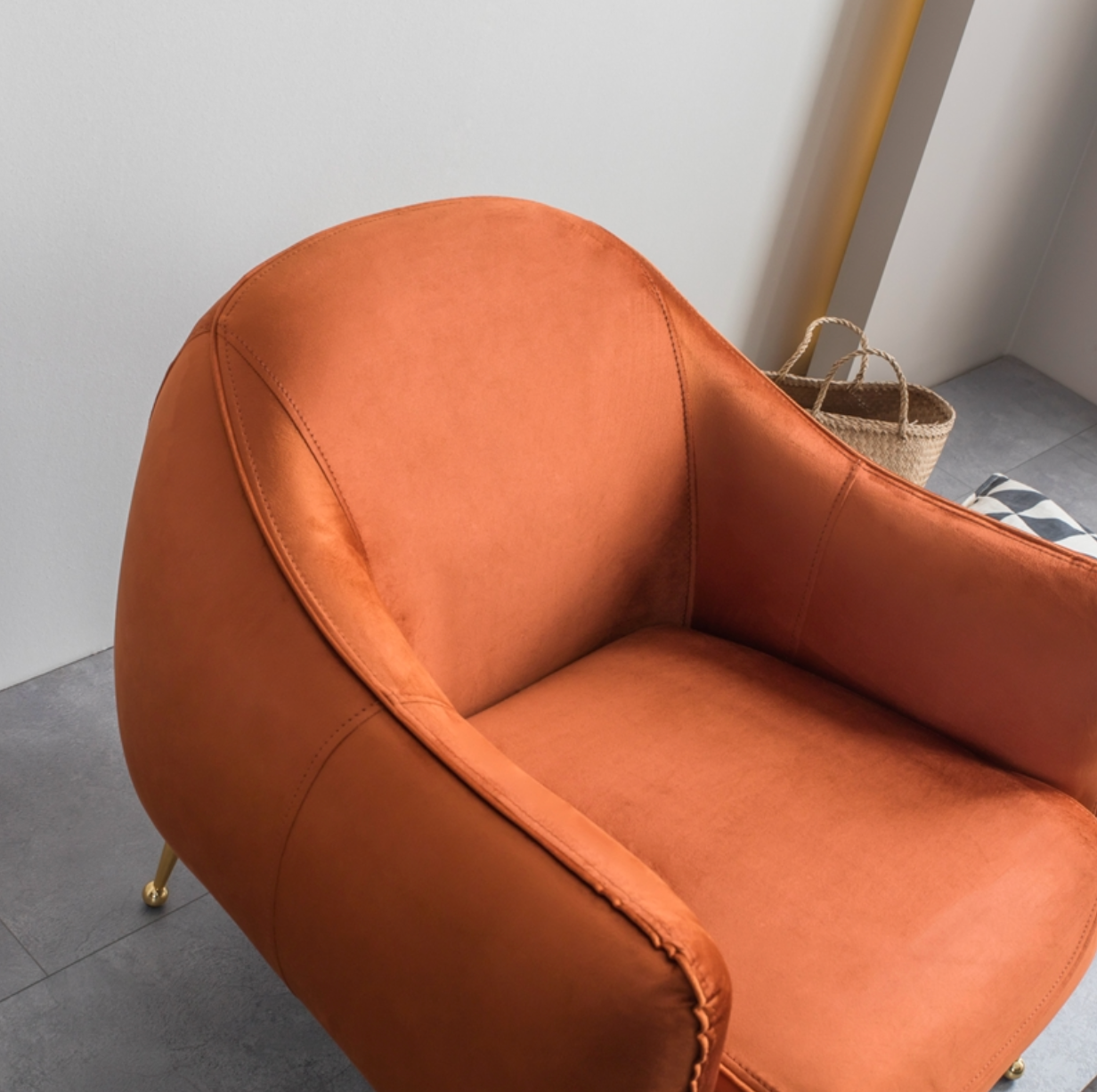 Mid-Century Upholstered Velvet Armchair in Burnt Orange with Gold Hairpin Legs