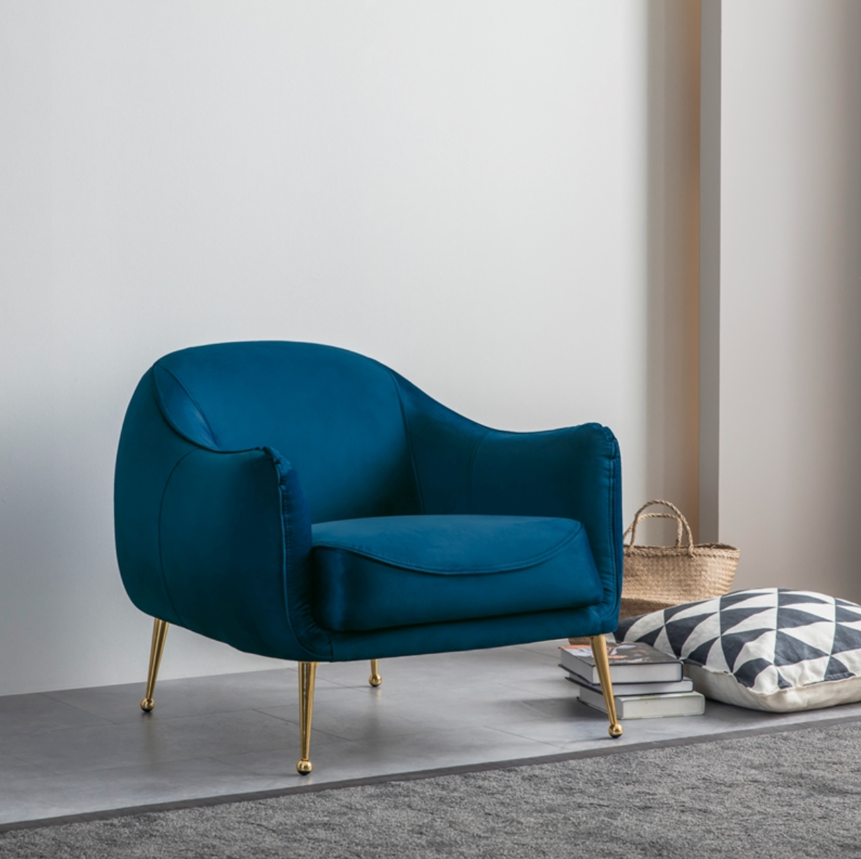 Mid-Century Upholstered Velvet Armchair in Dark Blue with Gold Hairpin Legs