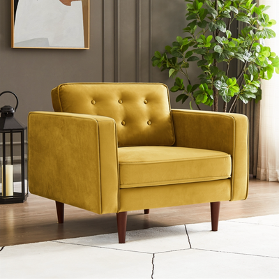 Mid-Century Modern Pillow Back Velvet Upholstered Armchair in Gold