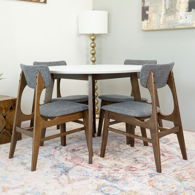 Carla 5-Piece Mid-Century Round Dining Set w/ 4 Fabric Dining Chairs in Gray