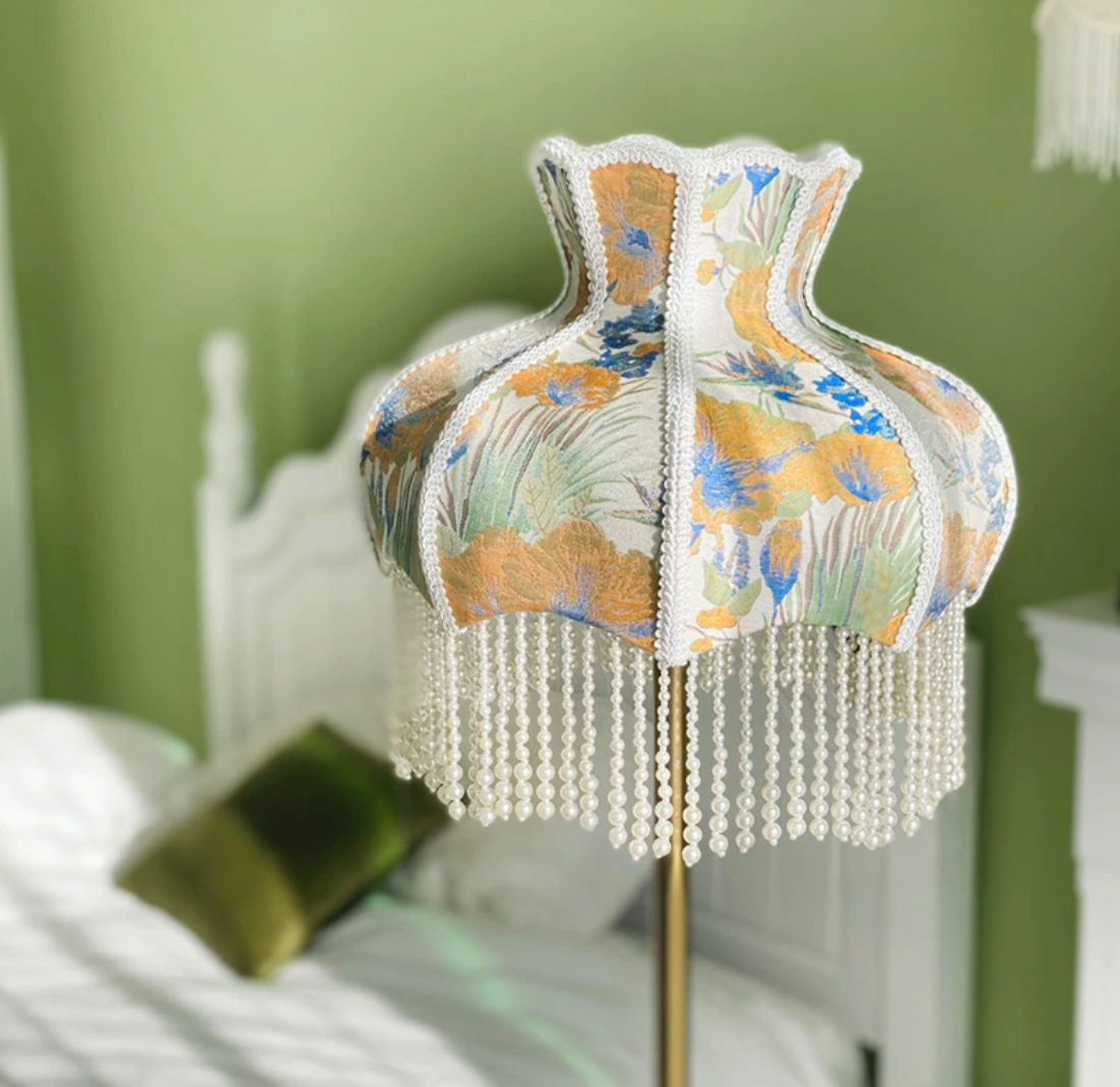 Luxury Summer Satin Floral Palm French Scallop Dome Vintage Inspired Lampshade With Faux Pearl Tassel