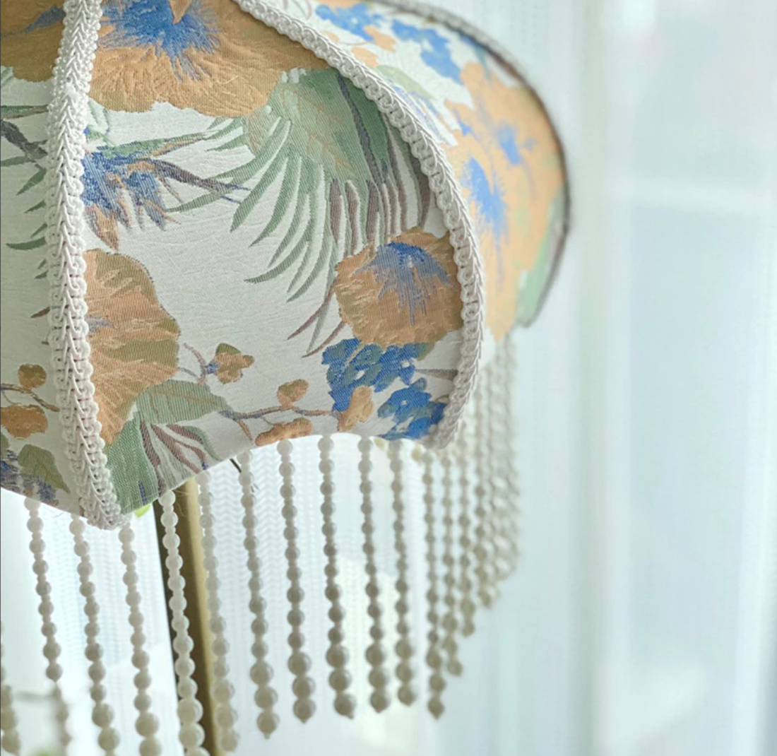 Luxury Summer Satin Floral Palm French Scallop Dome Vintage Inspired Lampshade With Faux Pearl Tassel