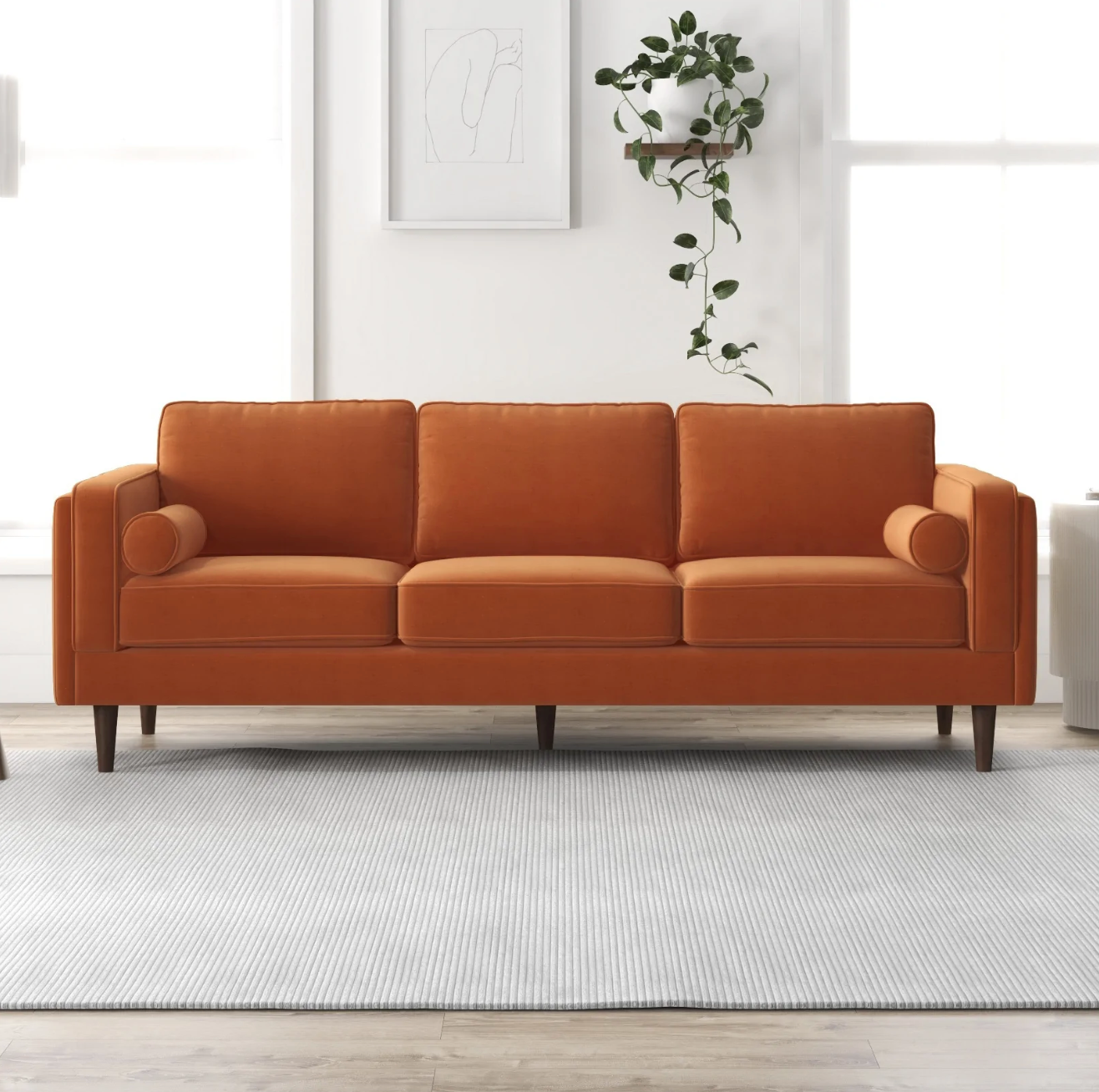 Mid-Century Modern Rectangular Pillow Back Velvet Sofa in Burnt Orange