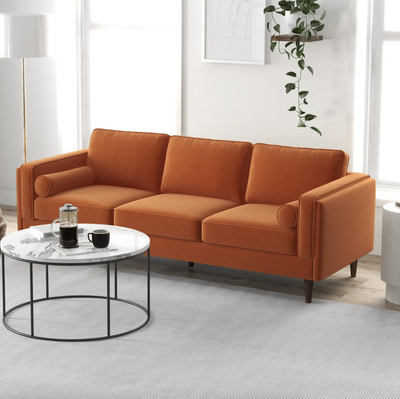 Mid-Century Modern Rectangular Pillow Back Velvet Sofa in Burnt Orange