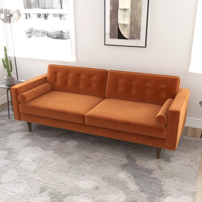 Mid-Century Modern Rectangular Tufted Back Velvet Upholstered Sofa in Burnt Orange