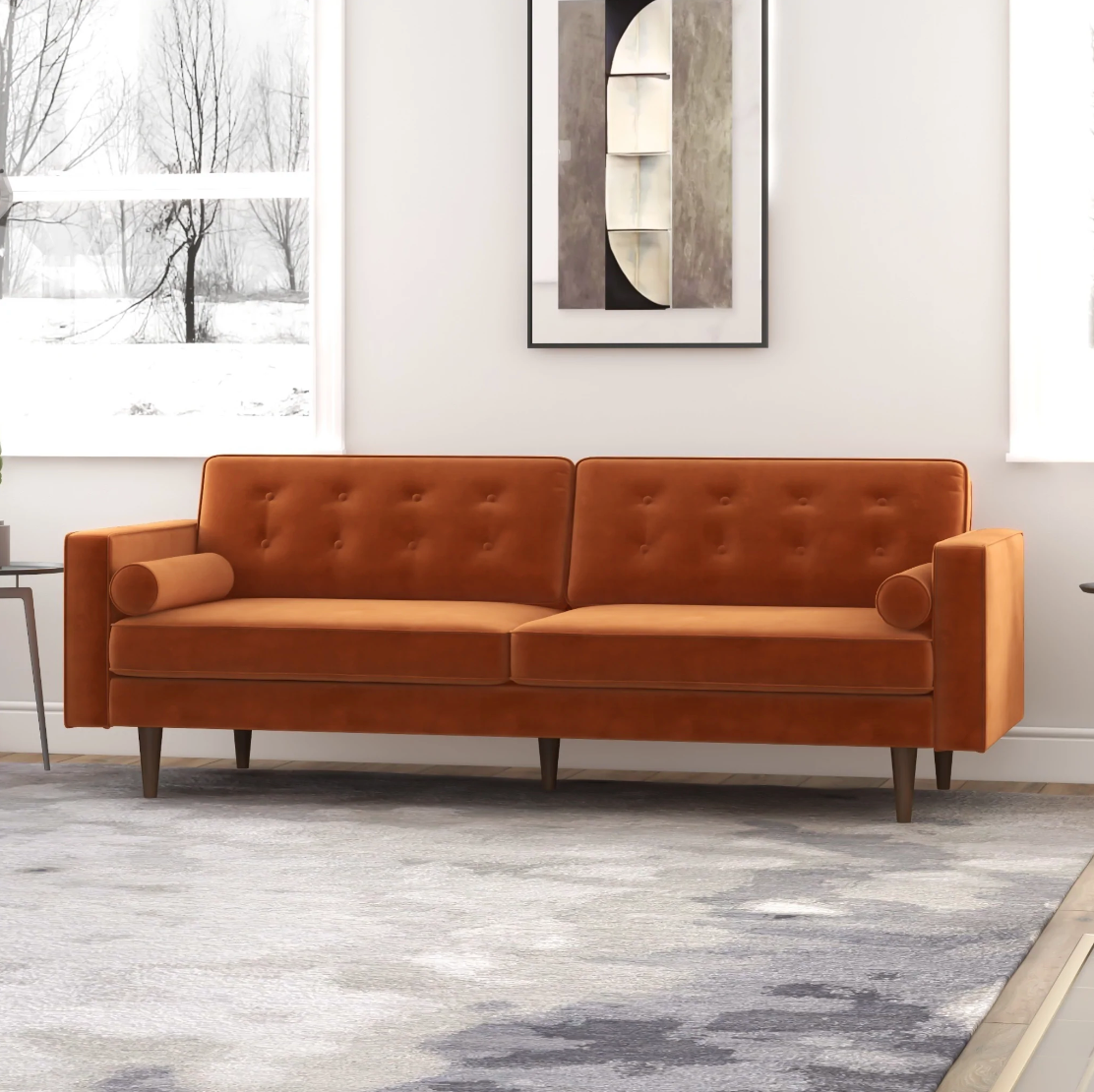 Mid-Century Modern Rectangular Tufted Back Velvet Upholstered Sofa in ...