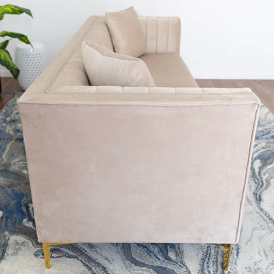 Mid-Century Tufted Rectangular Tight Back Velvet Upholstered Sofa in Cream