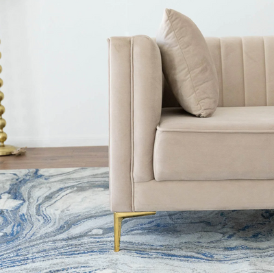 Mid-Century Tufted Rectangular Tight Back Velvet Upholstered Sofa in Cream