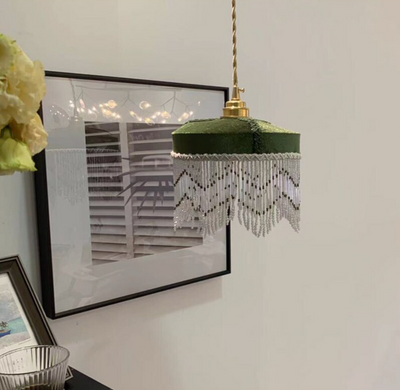 Luxury Vintage-Inspired Green Velvet Ceiling Hanging Lamp Shade with Beaded Tassels