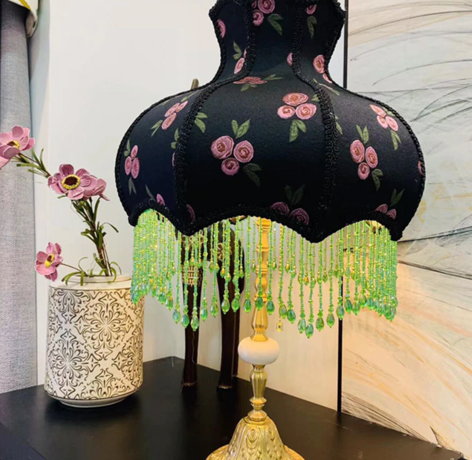 Luxury Black Floral Rose Jacquard Lampshade with Emerald Green Tassels